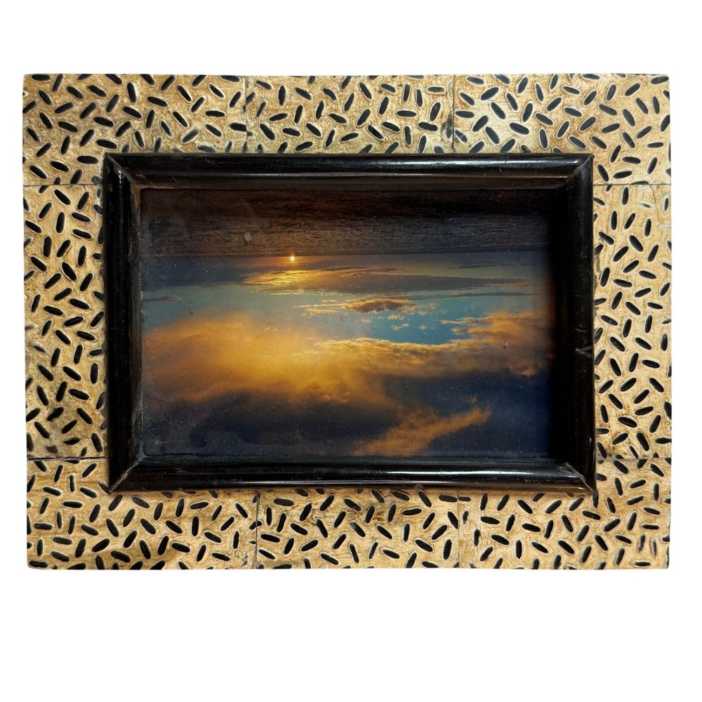 Vintage Bone Inlay Picture Frame Tan Black Good Seed Pattern Bohemian Eclectic